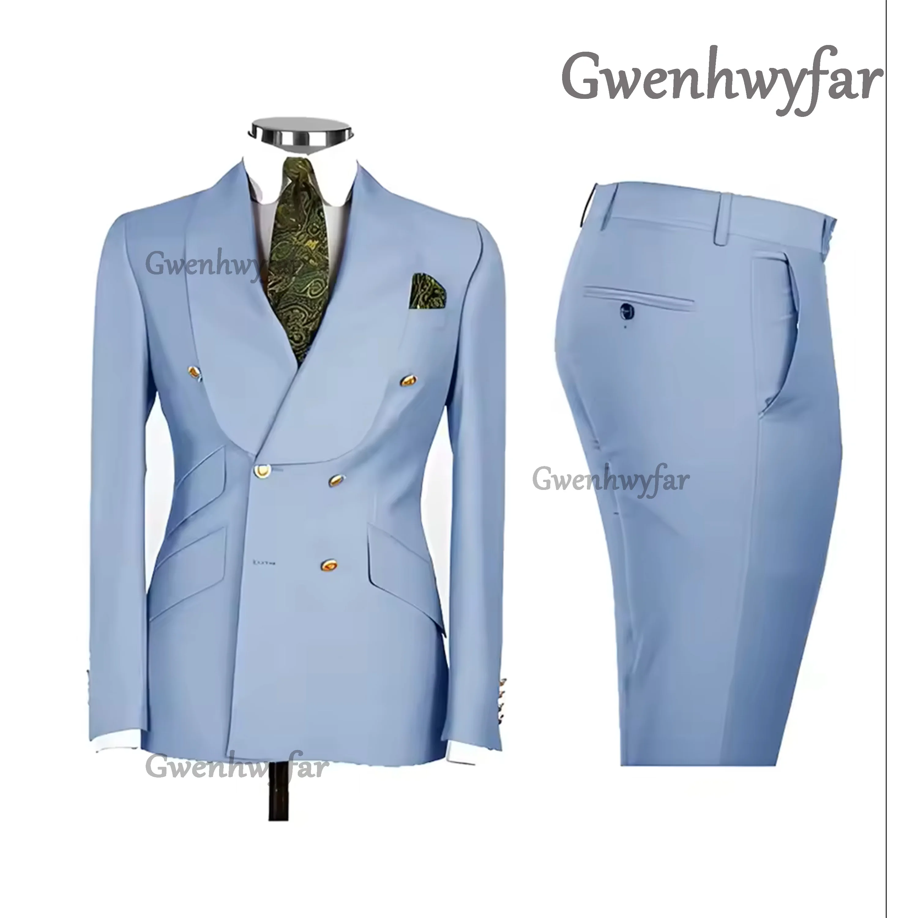 

Мужской костюм-тройка Gwenhwyfar класса люкс, небесно-голубой, двубортный, классический, для торжественных случаев, с шалевым воротником