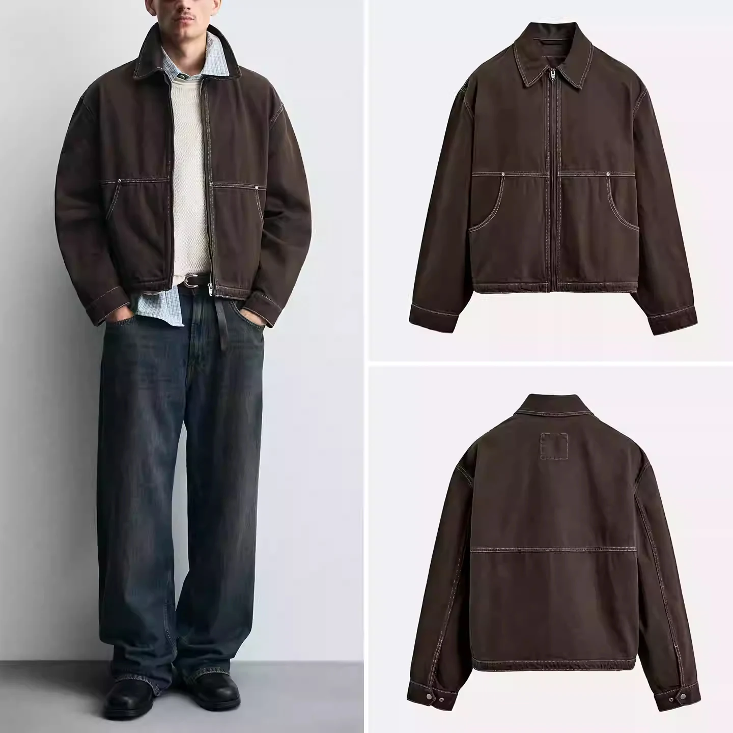 

Faionable Loose Color Blo Stitching Waed Jaet Men's Autumn New Arrival Z Brand Warm Long Sve Zipper Closure Coat