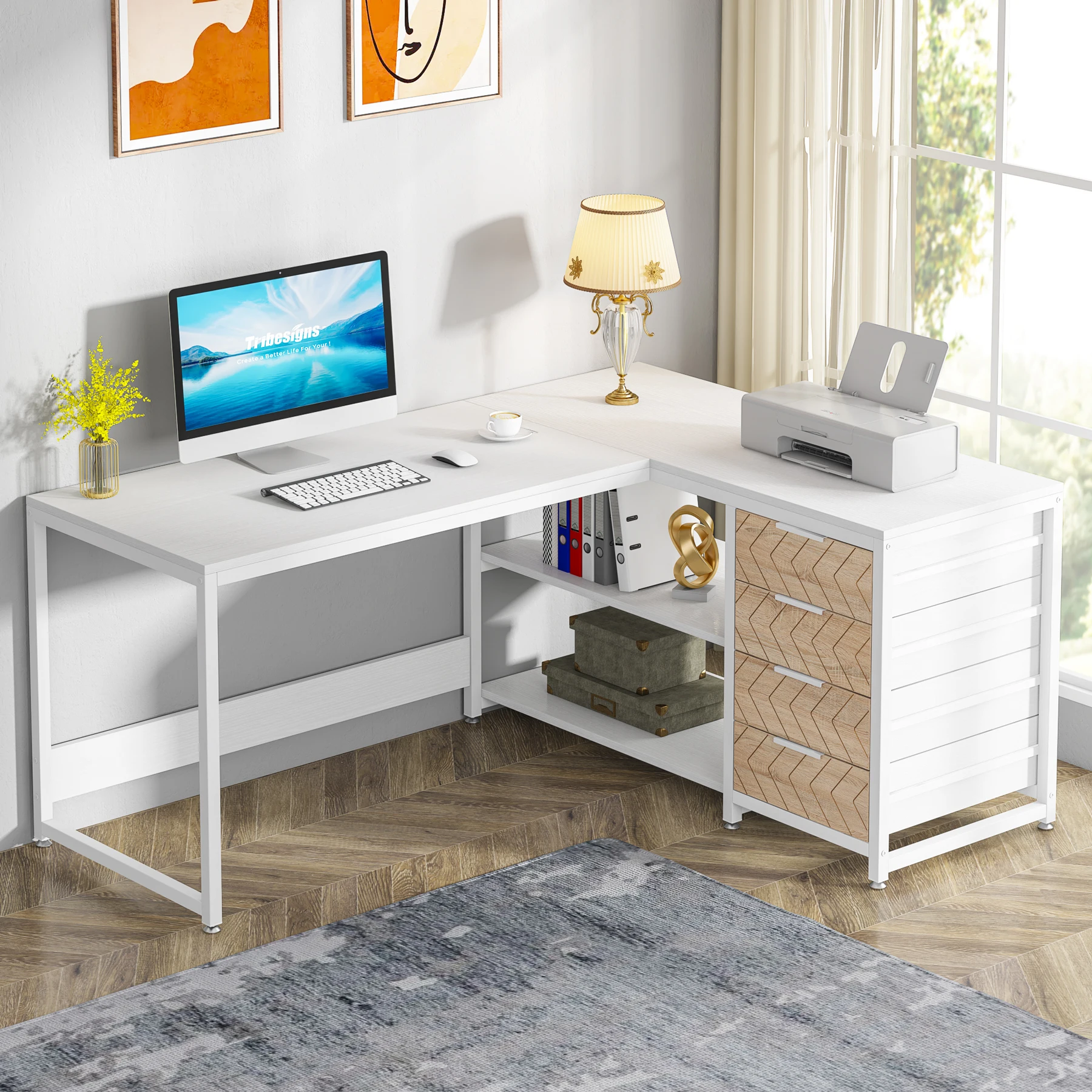 Tribesigns L Shaped Computer Desk with Storage Drawers, 59 inch Corner Desk with Shelves, Reversible L-Shaped Office Desk