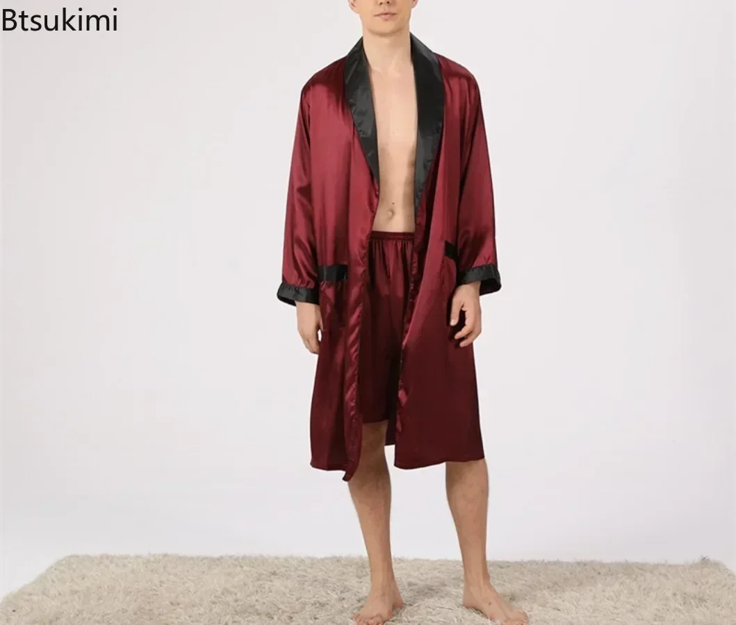 2025 Men's Summer Casual Silk Robe Sets Sleepwear Robe&Shorts Two Pieces Man Satin Comfortable Kimono Gown Housewear Bathrobe