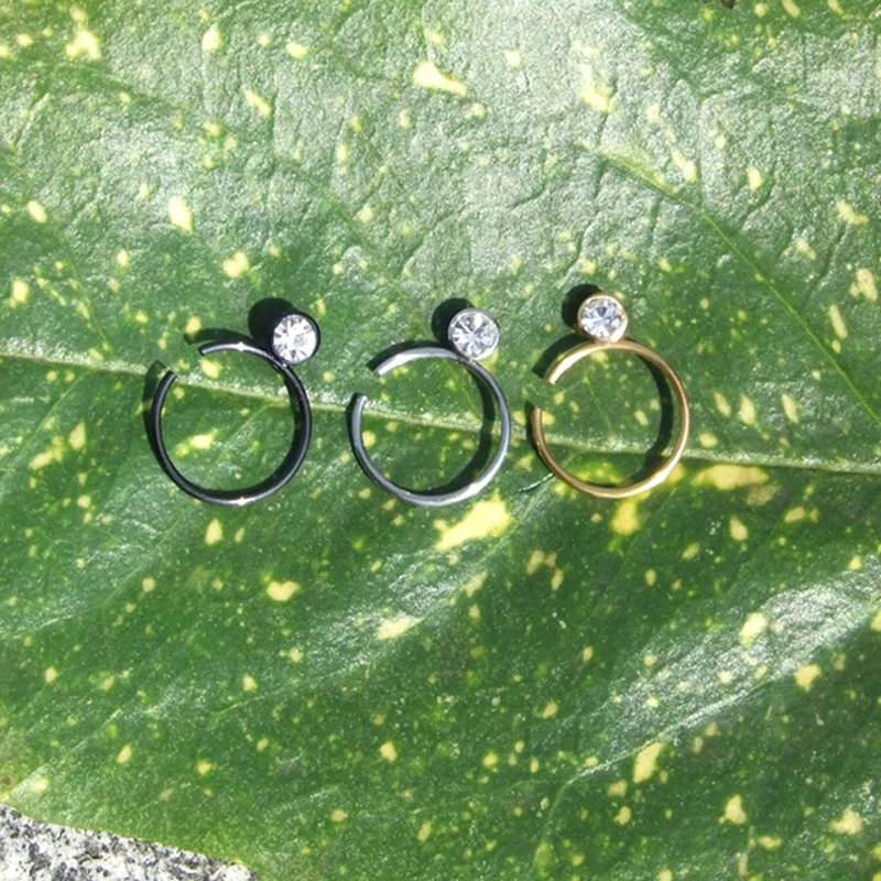 Anillo de aro fino con diamantes de imitación brillantes para la nariz, pasador de acero inoxidable, Piercing falso para cartílago, Tragus, oreja, accesorio de joyería para el cuerpo