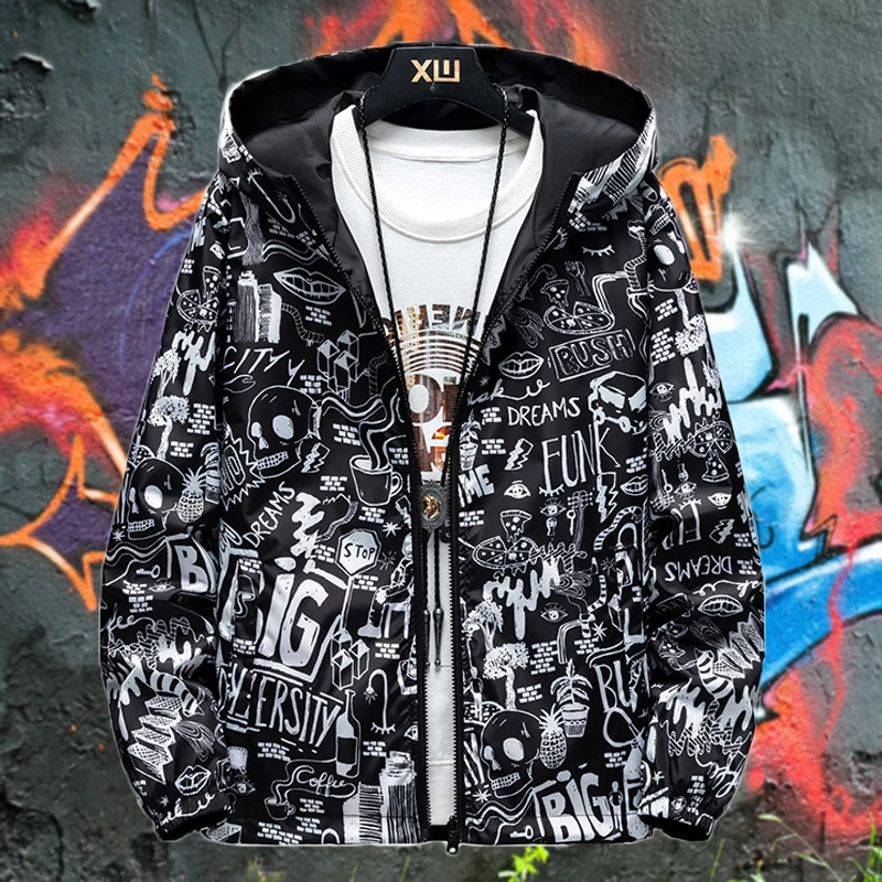 Spring and Autumn Strewear Graffiti Printed Fashion Reversible Jacket Men Thin Hooded Jackets Outdoor Windbreakers Male Clothing