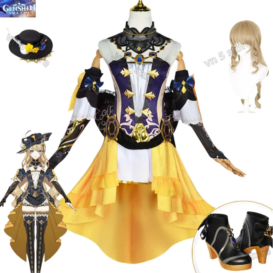 

Game Genshin Impact Navia Cosplay Wig Hat Set Women Dress Uniform Halloween Party for Girls Cute Suit