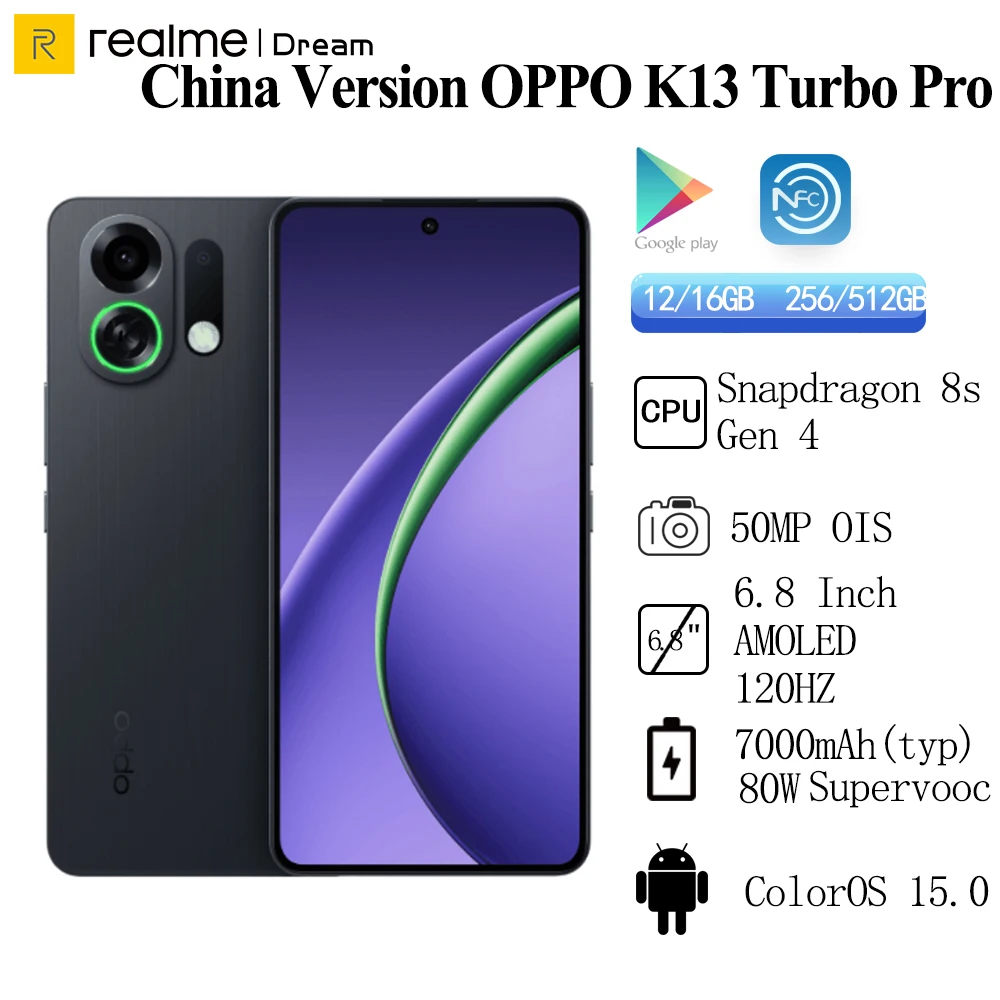 النسخة الصينية OPPO K13 Turbo Pro كاميرا خلفية جديدة Snapdragon 8s Gen4 50MP 7000mAh 80W SuperVOOC 6.8 بوصة تحديث NFC OTA
