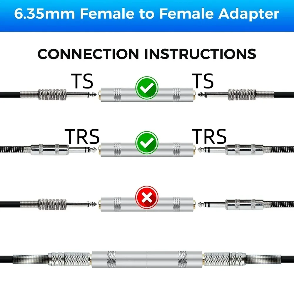 1/4 6.5mm TRS Stereo and TS Mono Jack Adapter Joiner, 6.35mm Female to Female Extension Connectors for Amplifier Speaker Guitar