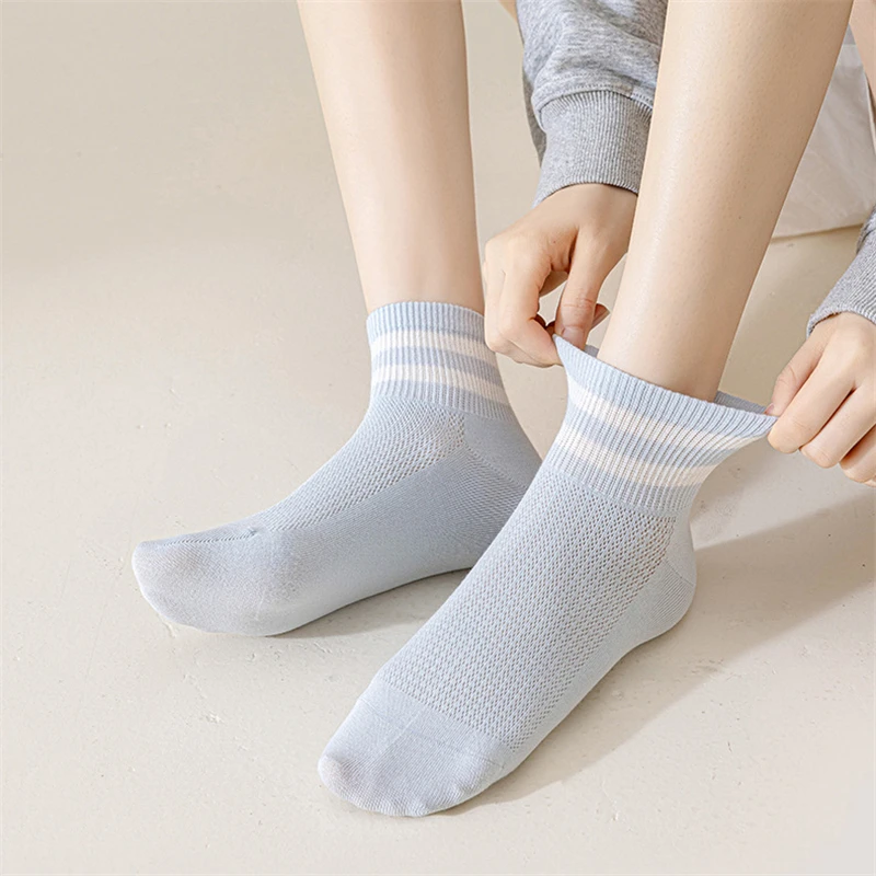 Women Socks Simple New Spring Summer Thin Basic Striped Ankle Socks For Woman Breathable Cotton Soft Ladies Mesh Socks Short