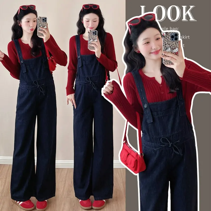 American Vintage Casual Washed Denim Jumpsuits for Pregnant Women Wide Leg Loose Straight Workwear Jeans Pregnancy Overall Pants