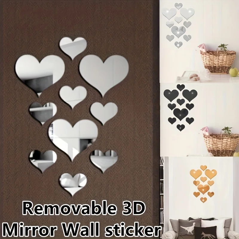 Autocollant Mural miroir 3D, 10 pièces, autocollants amovibles en forme de cœur d'amour, décoration murale pour salon