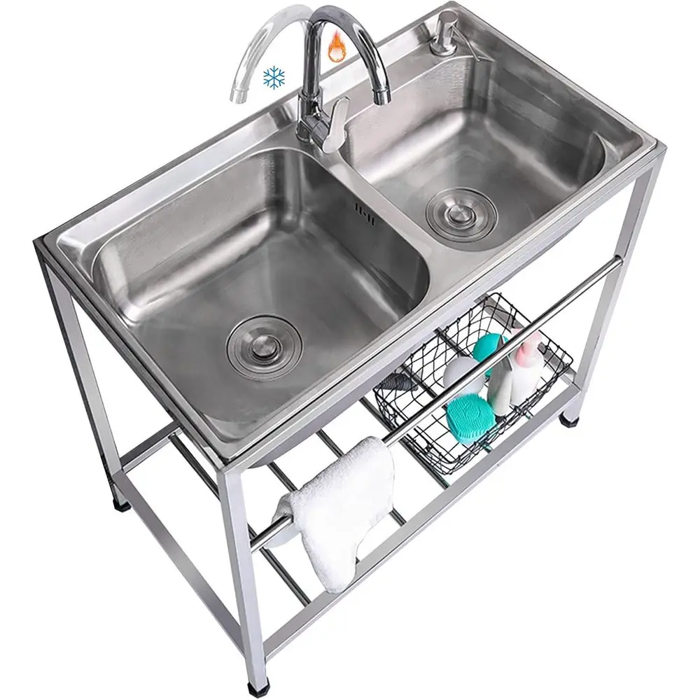 

Outdoor Utility Sink StainlSteel Double Bowl Sink ree Standing Commercial Restaurant Kitchen Sink with Hot and Cold aucet or Lau