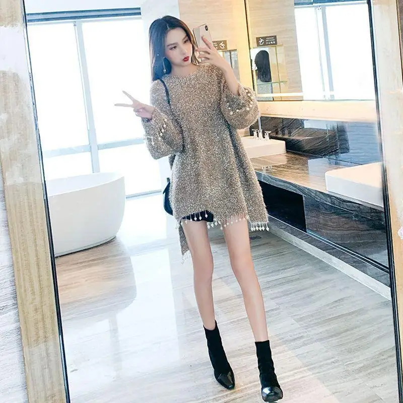 

2025 женское осенне-зимнее новое модное французское тяжелое промышленное свободное пальто с бусинами для ногтей средней длины, нерегулярный яркий шелковый вязаный свитер