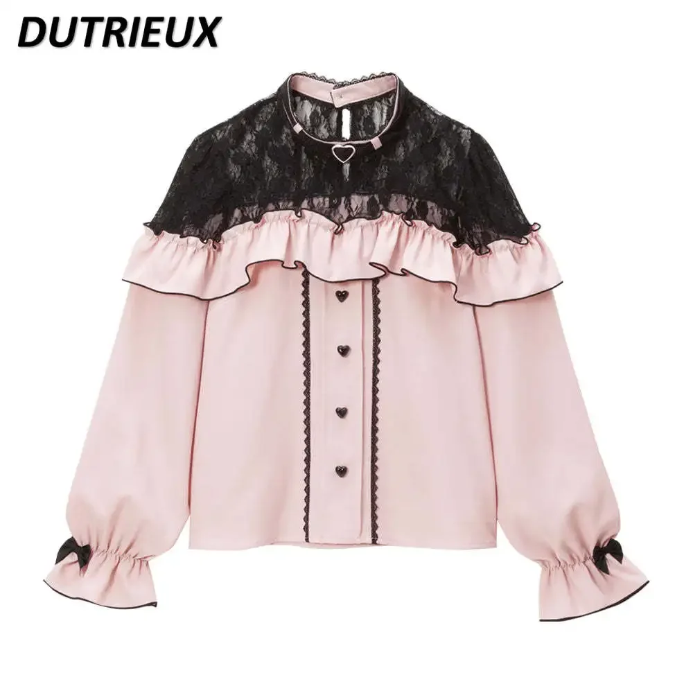 

2023 Spring Autumn New Bottoming Shirt for Women Lace Stitching Long Sleeve Bow Japanese Sweet Lolita Girls Top Camisa Feminina