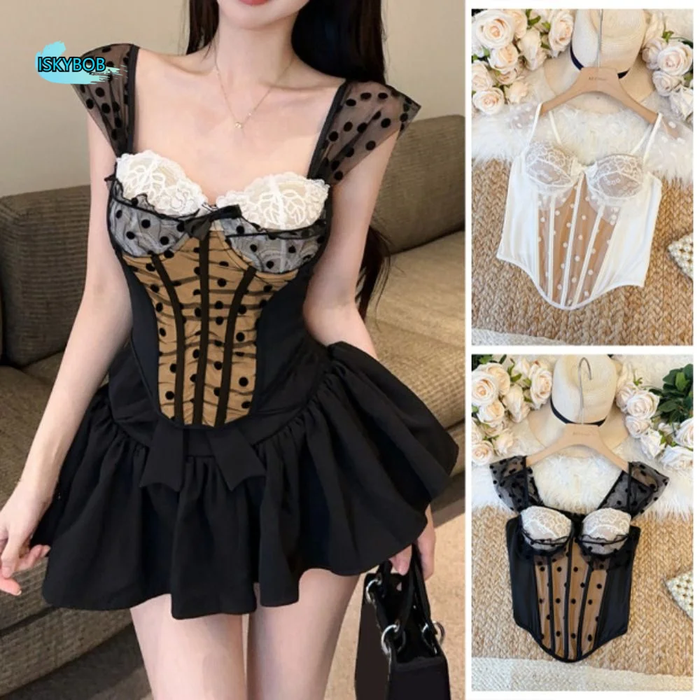 Fashion Spicy Girl Style Lace Camisole Dots Sleeveless Lace Corset Streetwear Slim fit Crop Tops Ladies