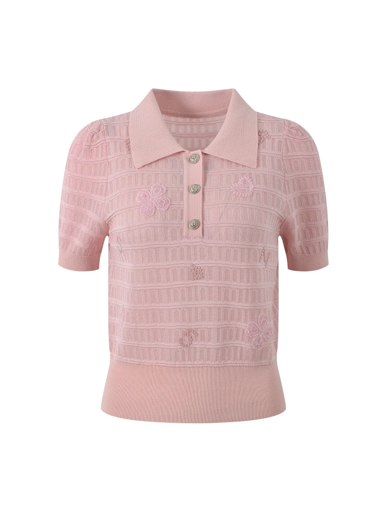 Premium Edition Sweet Sle ort Sve  Ne Knitted Top Pink Embroidery Beads Versatile Summer Faion Ladies' Sweater