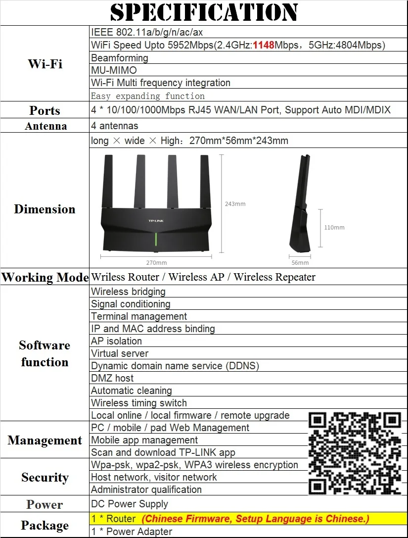 Chin-เฟิร์มแวร์, 4 เสาอากาศ WiFi6 เราเตอร์ไร้สาย 802.11AX แถบคู่ 2.4GHz 1148M + 5GHz 4804M, 4 พอร์ต Gigabit, AX6000 Wi-Fi 6