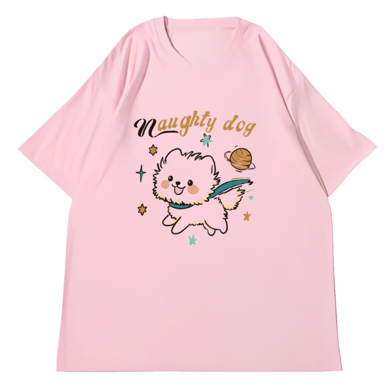 Adult and Children's Space Travel Little Pomeranian Short-sleeve, Healing Style Pure Cotton T-shirt, Versatile Couple Top