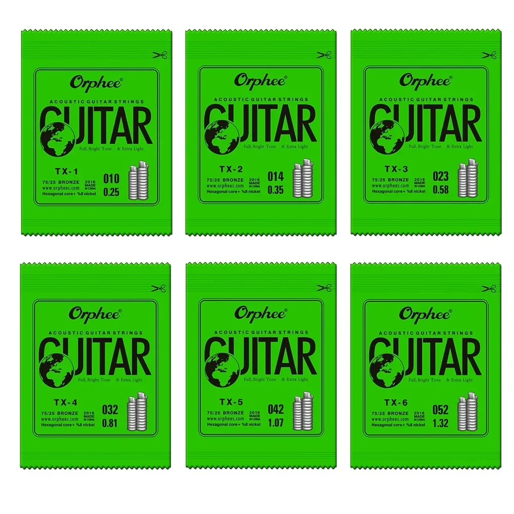 Orphee Acoustic Guitar Strings Single String EBGDA Gauge 010 014 023 030 039 047 TX Series Green Phosphor Folk Hexagonal Carbon