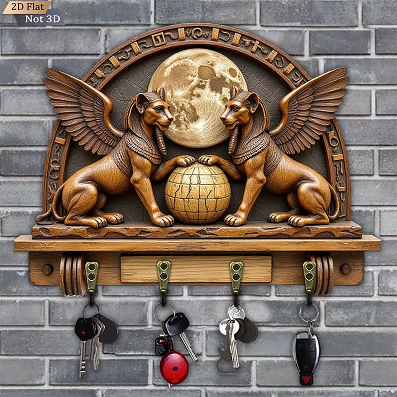 Wooden Key Holder Wall Decor 2D Flat Egyptian Winged Sphinx Moon Pattern 4 Hooks Key Rack for Home