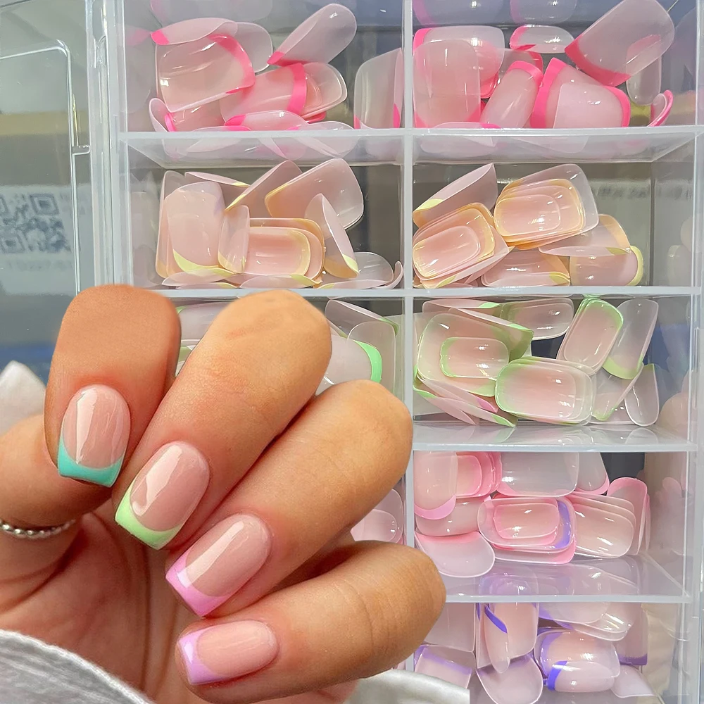 

240/120pcs Colored French Fake Nails Glossy Short Square French Design Full Cover False Nails Spring Summer Press On Nail Tips