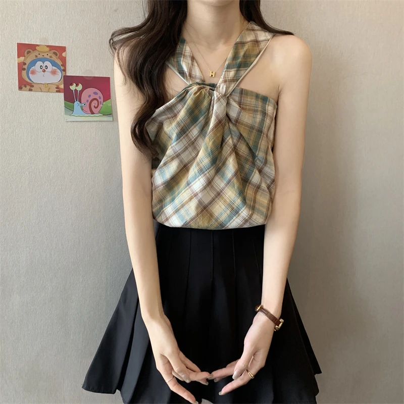 Women Summer Vintage Fashion Plaid Temperament Cotton All-match Camisole Women Clothes Knitting Appear Thin Fashionable Tops