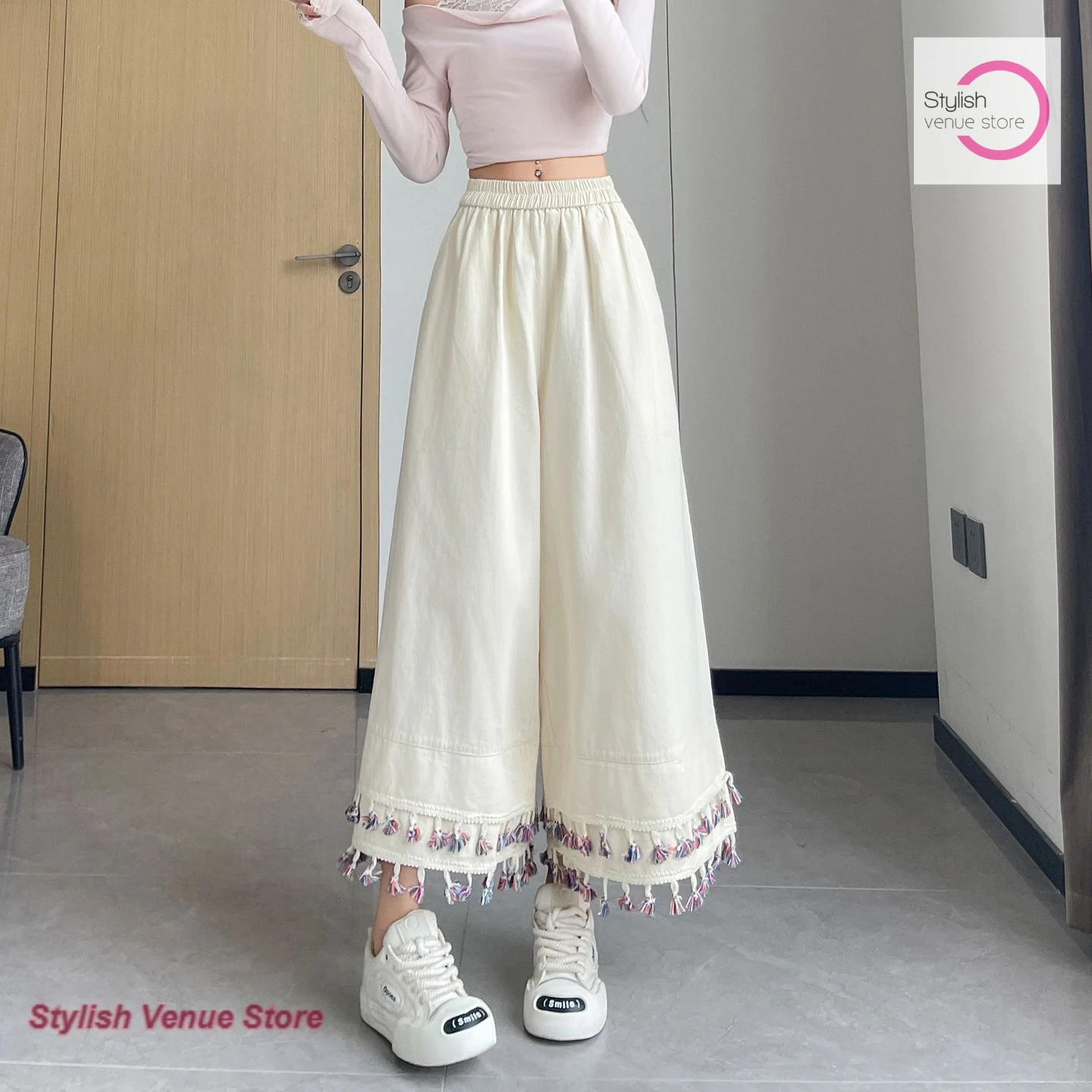 French plus size new season nine thin loose straight pants high waist ice silk tassel wide-leg pants women's summer casual pants