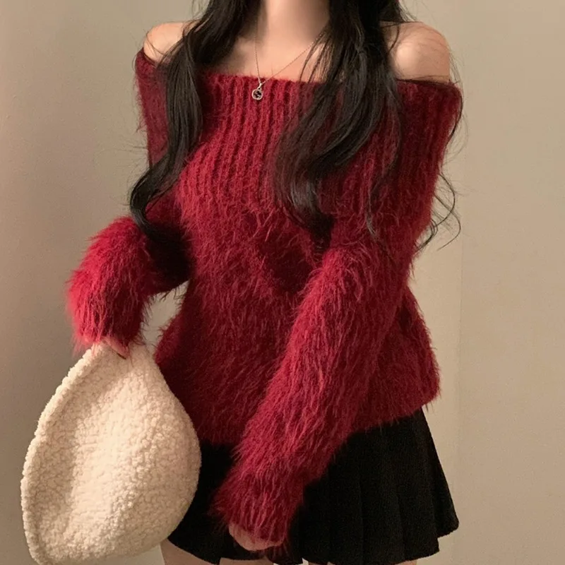 

Tuularose Red Off-Shoulder Sweater Fashion Solid Plush Loose Thickened Pullover Spring Autumn Casual Commuter Chic Women Jumpers