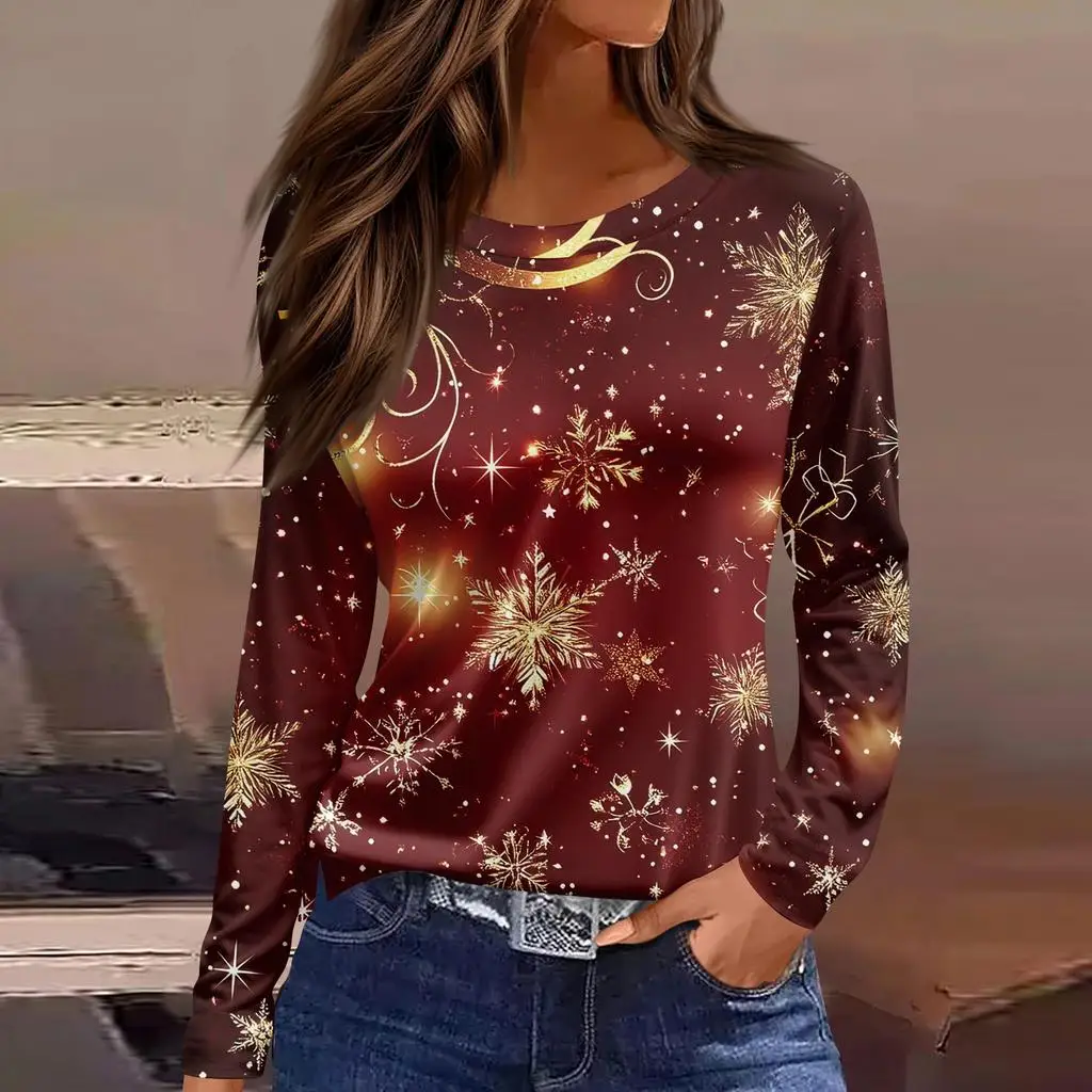 Kerst stijl dames 3D sneeuwvlok print trui ronde hals lange mouwen T-shirt feestelijke kleur casual losse herfst top