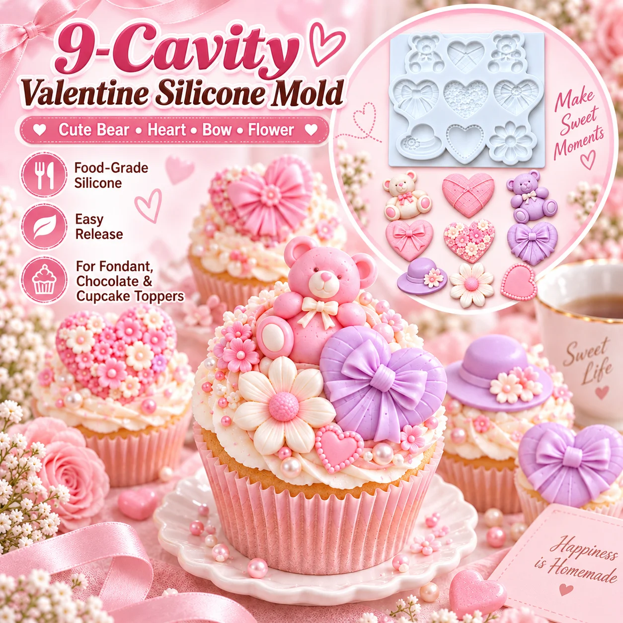 9 Cavity Food Grade 3D Valentine Silicone Mold Cute Bear Heart Bow Flower Fondant Chocolate Cupcake Topper DIY Baking Tools