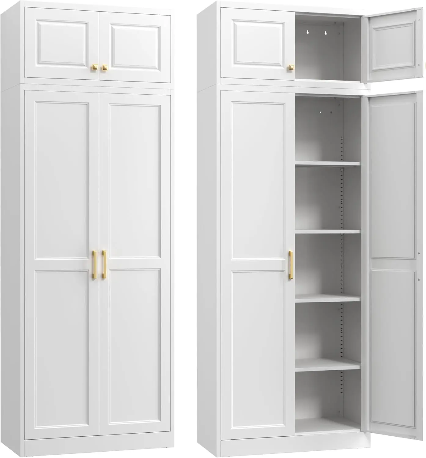 

White Metal Cabinet with 4 Shelves, Gold Handles, Tall Storage for Kitchen, Bathroom, Living Room