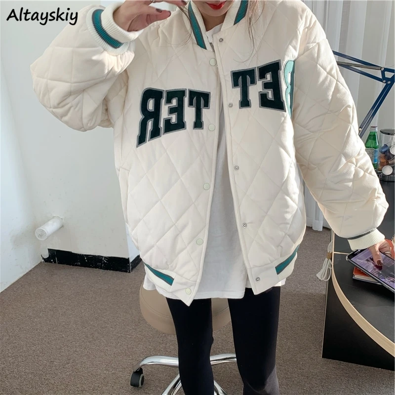 Thicker Parkas Women Winter Harajuku Letter Print Loose Korean Style Keep Warm Coats New Design Ins Fashion Button-up Ulzzang