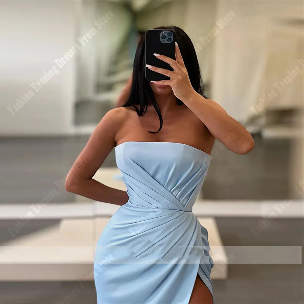 Blue Sleeveless Satin Women Evening Dresses High Slit Mermaid Backless Cocktail Party Princess Mopping Length Vestidos De Noche