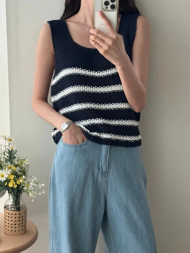 Patchwork Striped Knitted Vest Women Summer Vintage Sleeveless Crop Tops Korean Chic Casual Versatile Sweater Pullover