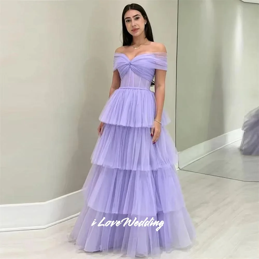 Lavender Strapless Prom Dresses Off the Shoulder Multilayer Floor-length Pleated Modern dresses for birthday luxury Customized