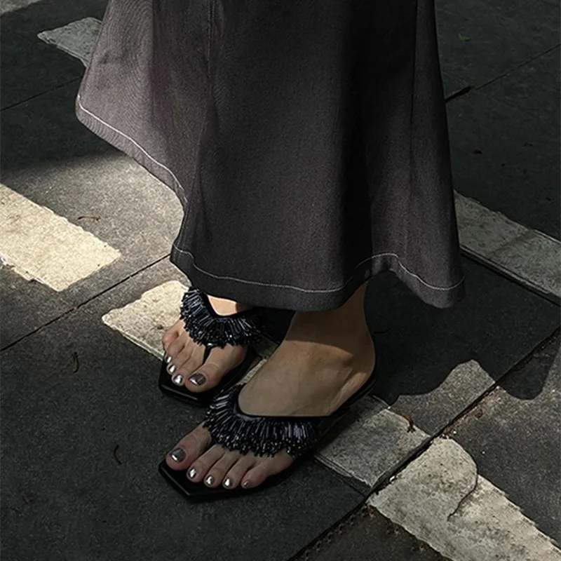 Dave&Di French Fashion Ladies Sandals Middle Summer Heel Slipper Sandals Women Mules Vintage Tassel Elegant Ladies