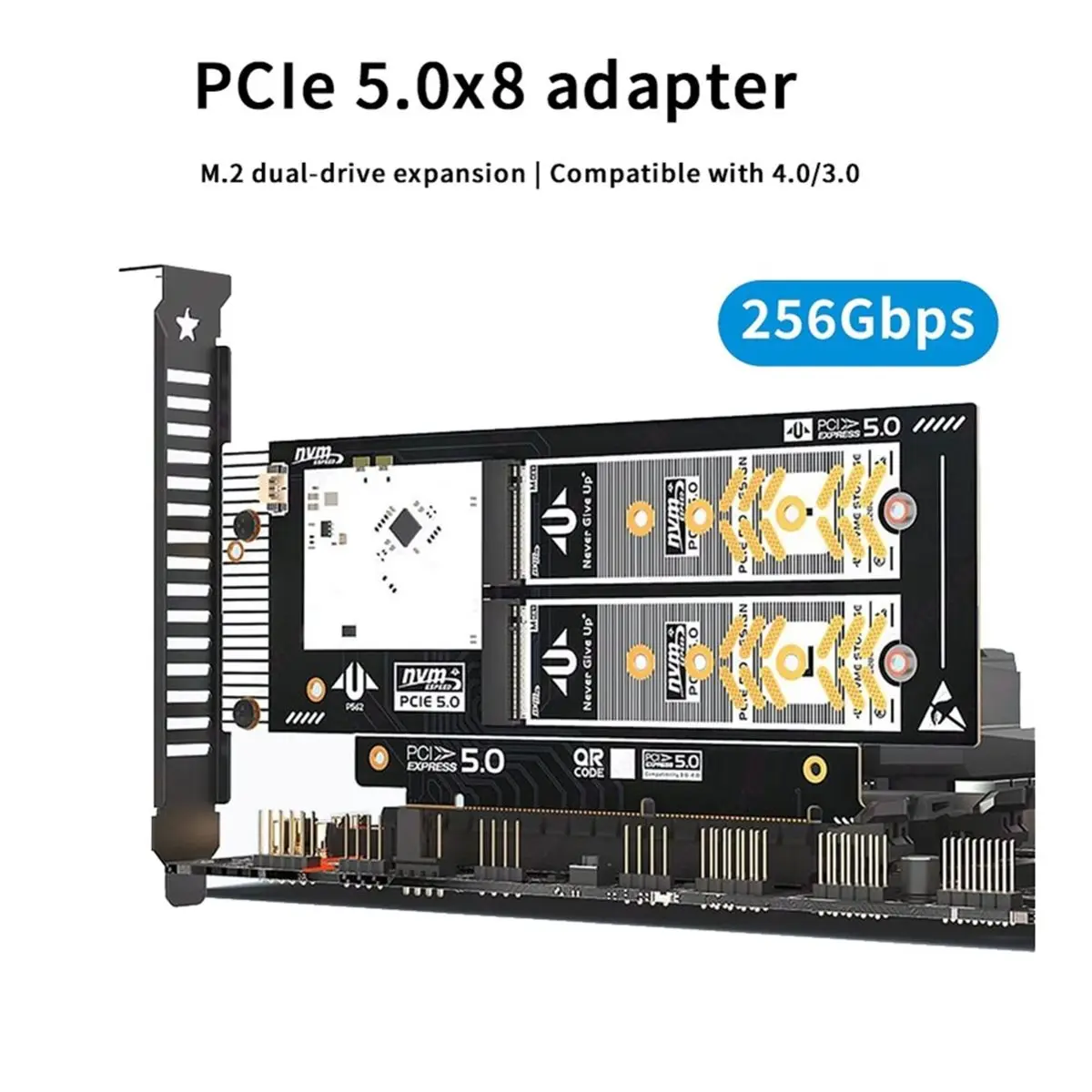 computer Dual NVMe PCIe 5.0 X16 Expansion Card 256Gbps Supports X8/X16 Slot for 2280/2260/2242/2230 NVME SSD Soft RAID Support