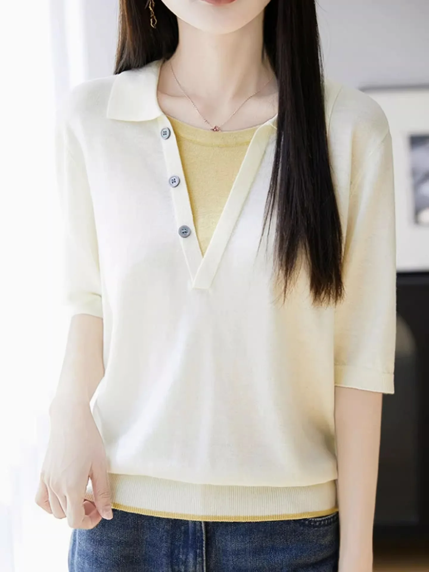 

Ele, приятный для кожи летний вязаный топ ort Sve для женщин, высококачественный дизайн Sense Fake, удобная мода из двух частей