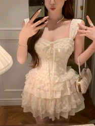 Elegant Sweet 2 Piece Skirt Sets Female Lace Pleated Y2k Crop Top + Cute Mini Cake Skirts Japanese Lolita Vintage Suits Summer