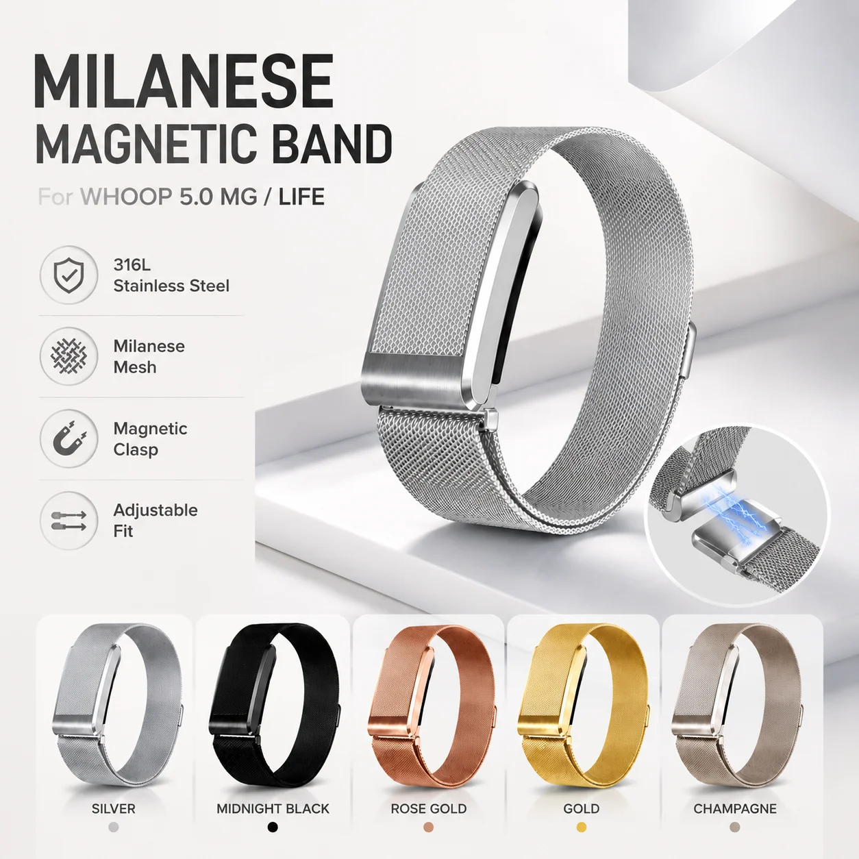 Für WHOOP 5.0 MG LIFE Magnetisches Metall-Uhrenarmband Verstellbares Band Atmungsaktives Komfortables Ersatz-Armband Fitness-Tracker