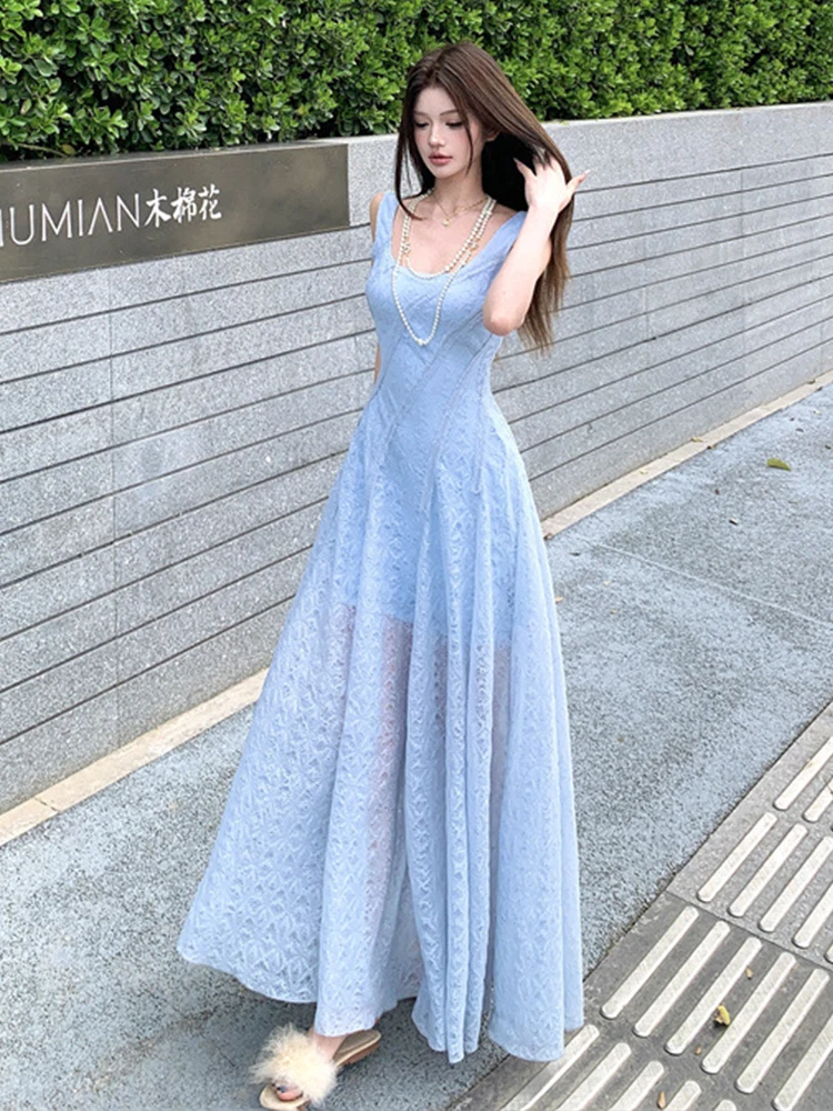 Women Vacation Clothes Sweet Blue Sheer Sexy Tank Slim Maxi Long A-Line Dress Elegant Lady Fashion Party Prom Vestidos Robe New