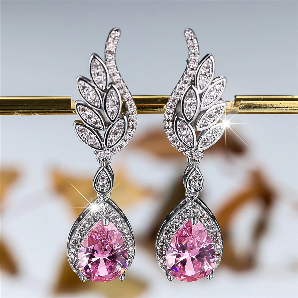 Luxury Female White Pink Zircon Stone Water Drop Wedding Jewelry Vintage Silver Color Stud Earrings For Women