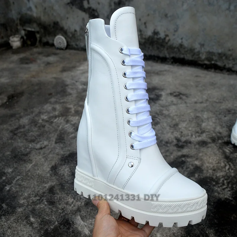 

Autumn Newest Pure White Height Increase Woman 10Cm Wedge Heeled Fashion Boots Winter Long Boots Riding Boots