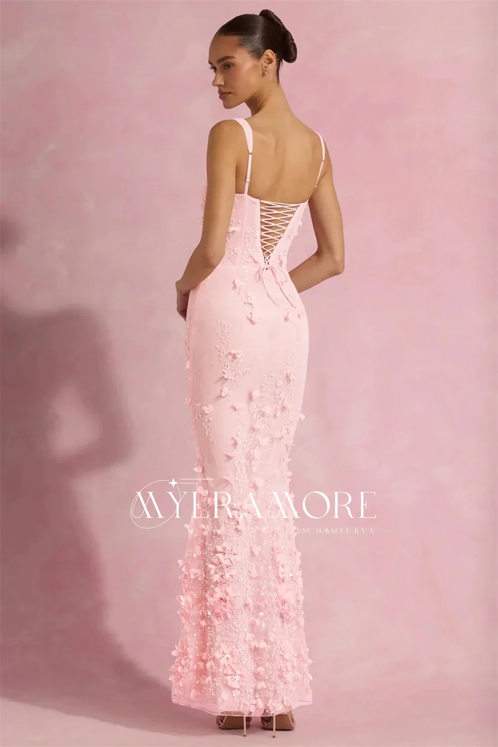 Sexy Women Evening Dress Pink Floral Appliques Square Neck Spaghetti Strap Prom Dresses Elegant Wedding Guest Dress Customized image 6