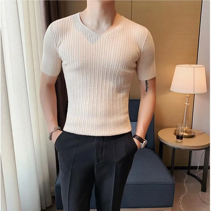 2023 Brand Clothing Men's Summer High Quality Casual Knit T-shirt/Male Slim Fit Fashion V-neck  Short Sleeve T-shirt Black White