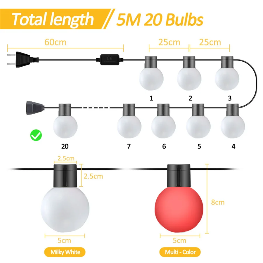 Lampu dekorasi Natal, lampu peri bola bulat 20LED 5M luar ruangan tahan air 220V colokan EU untuk dekorasi taman pernikahan berkemah