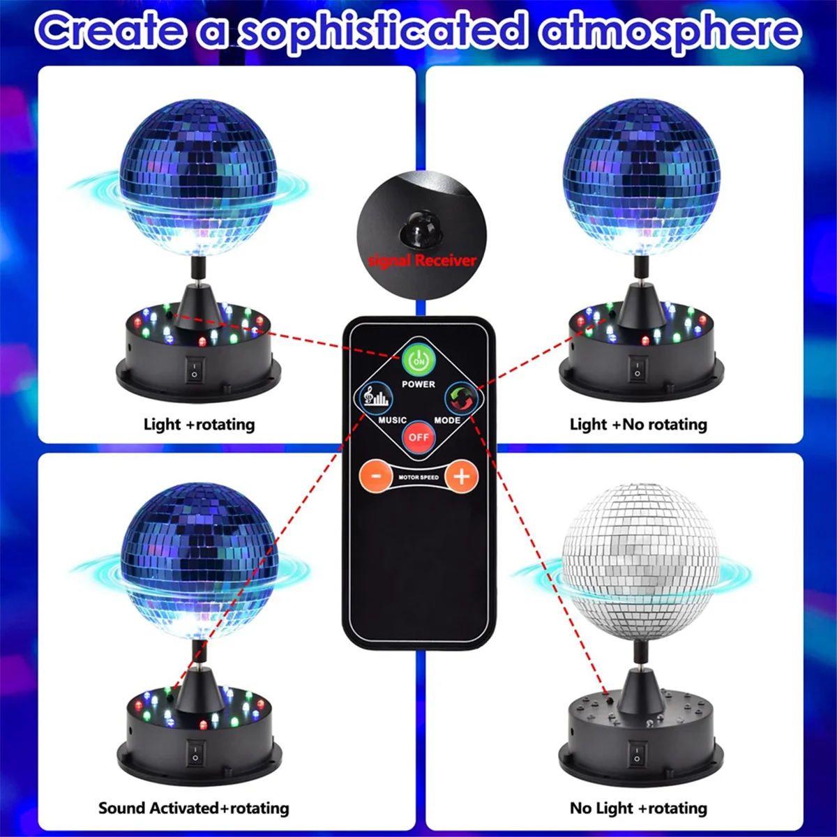 A97G أضواء حفلات كرة ديسكو 5 بوصة مع جهاز تحكم عن بعد، كرة ديسكو قابلة للتعديل 6-12 دورة في الدقيقة، 18 مصباح LED، معلق واستخدام الطاولة