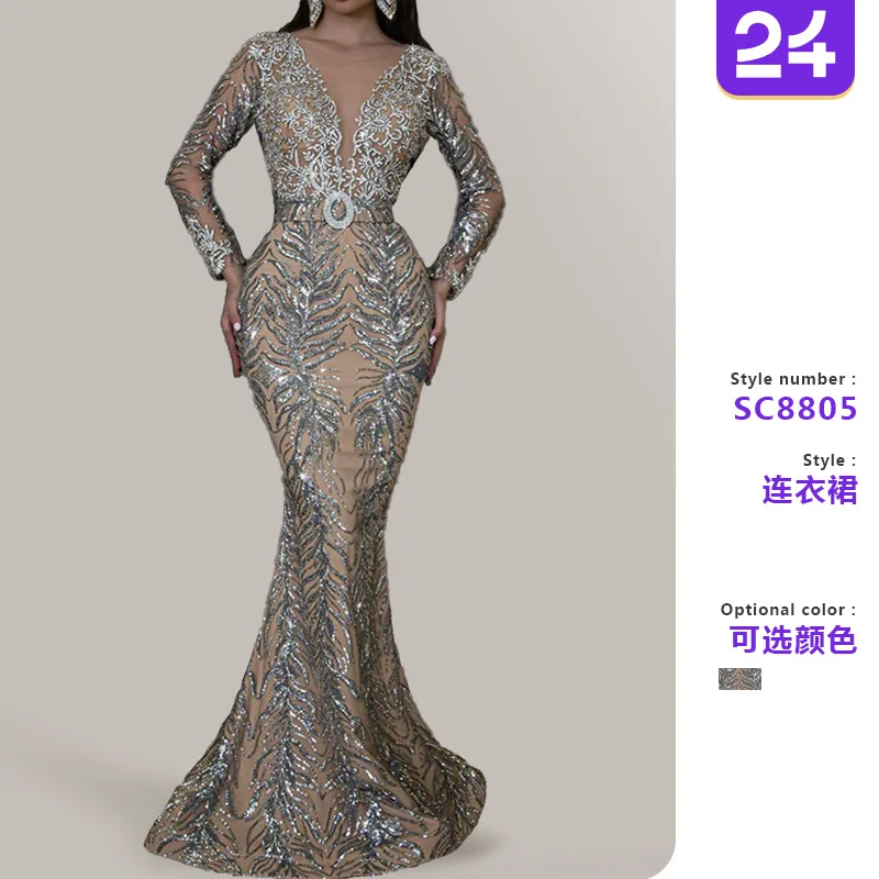 Damenkleider 2026: Neues Goldfolien-Langarmkleid, Schlankes Sexy Fishtail-Abendkleid in Bodenlänge, Damenmode Vestidos