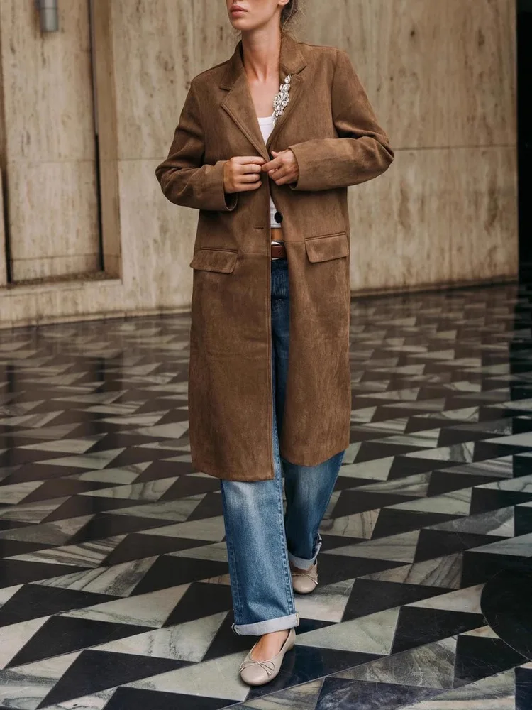 

New Autumn 2025 Women's Casual Lapel Long Sve Faux Suede Effect Single Button Coat Jaet Loose Fit Commute Sle Pure Color