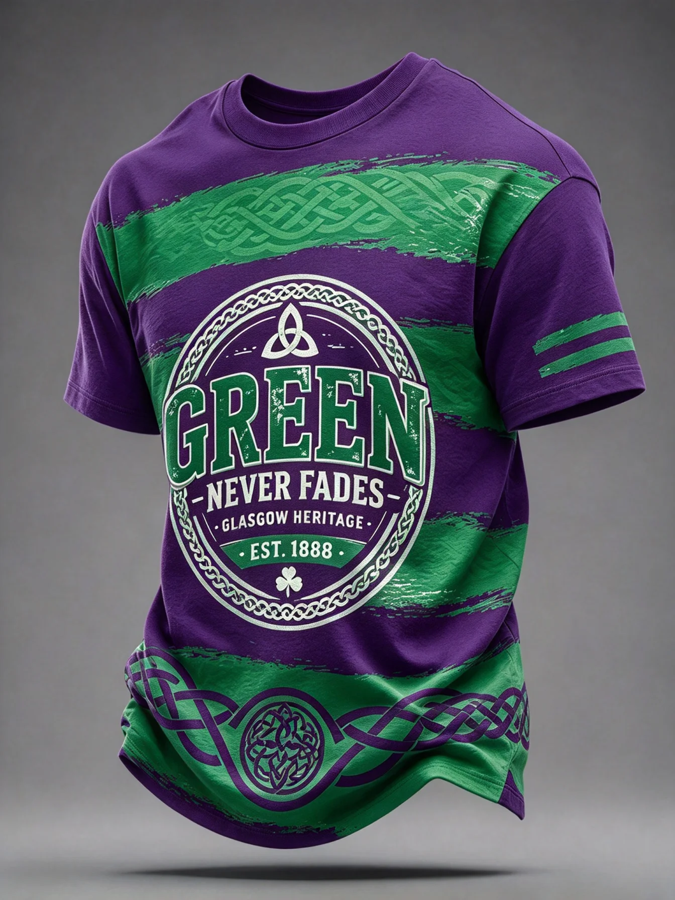Men's Green, Colorfast Celtic Knot Pattern Short-Sleeved T-Shirt, Irish Shamrock Traditional Casual Street Style T-Shirt.