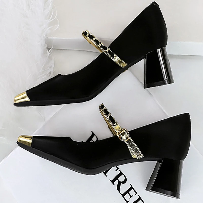 BIGTREE Shoes Square Toe Heels Women Middle Heel Thick Heel Shoes Metal Chain Women Pumps Luxury Temperament Mary Jane Shoes