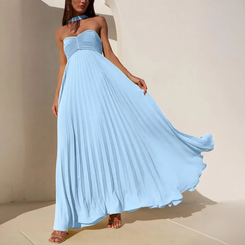 

Women's Strapless Tube Top Maxi Dress Off Shoulder Pleated Long Dress with Neck Scarf Summer Flowy Evening Dress for Cocktail