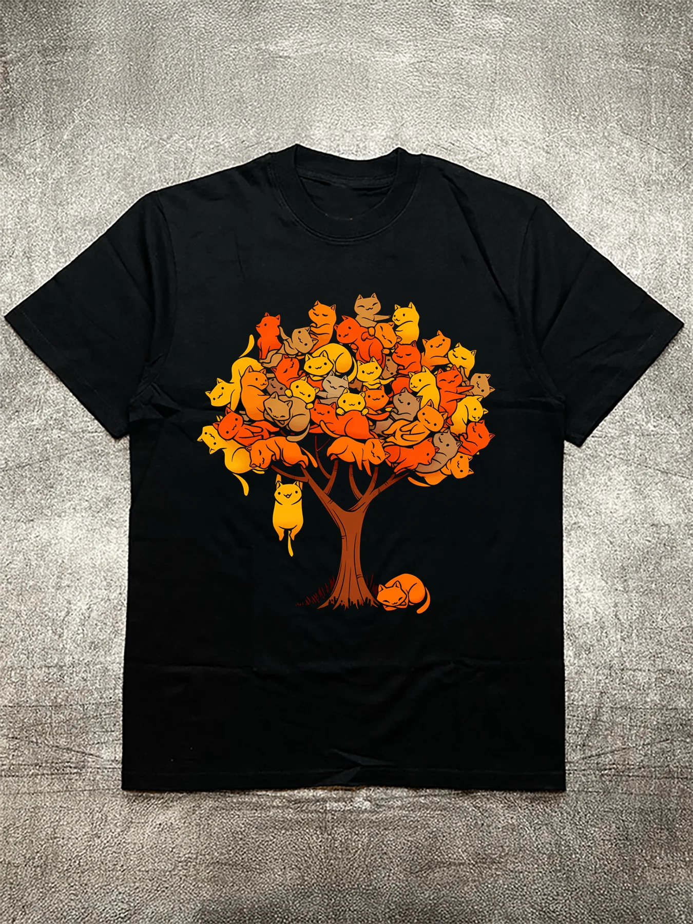 

200g Cotton Crew - Neck Short Sleeves, Men's Black T-Shirt with Adorable Cat - Tree Pattern Heat Transfers